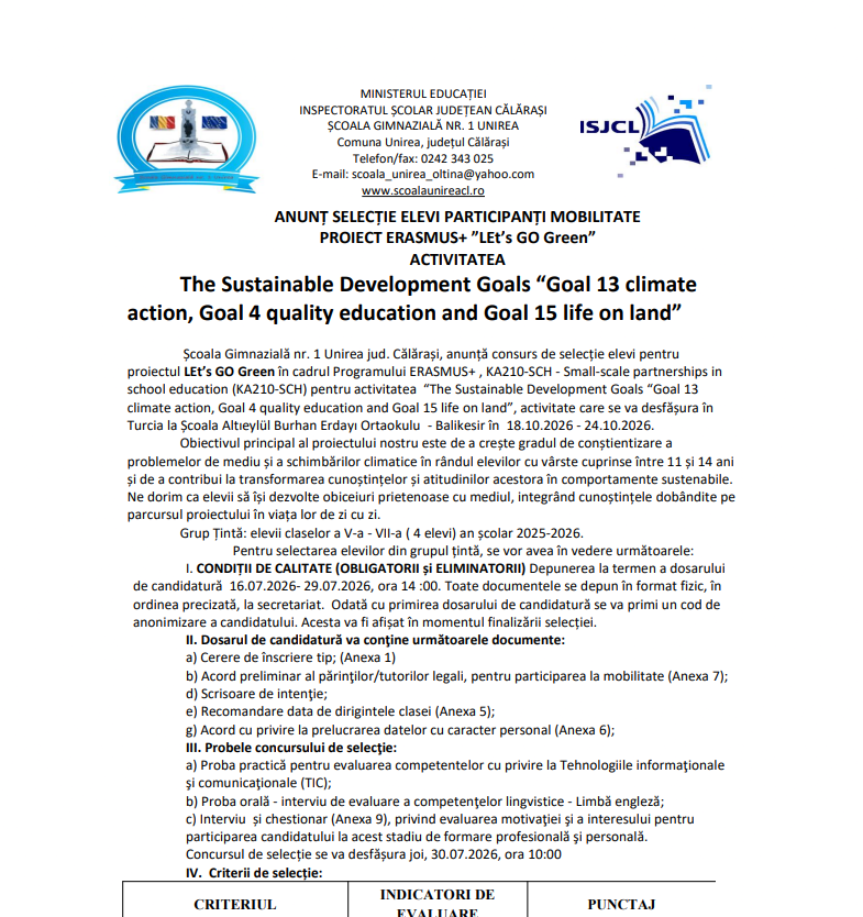 Anunt concurs de selectie  pentru proiectul LEt’s GO Green în cadrul Programului ERASMUS+ 